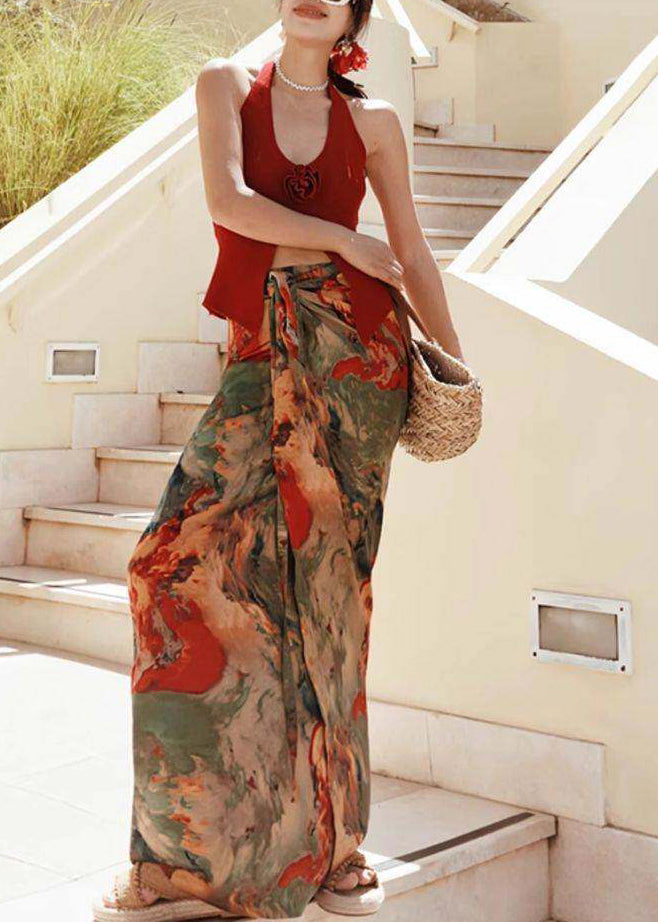 Beach Red Floral Vest And Maxi Skirts Two Pieces Set Summer