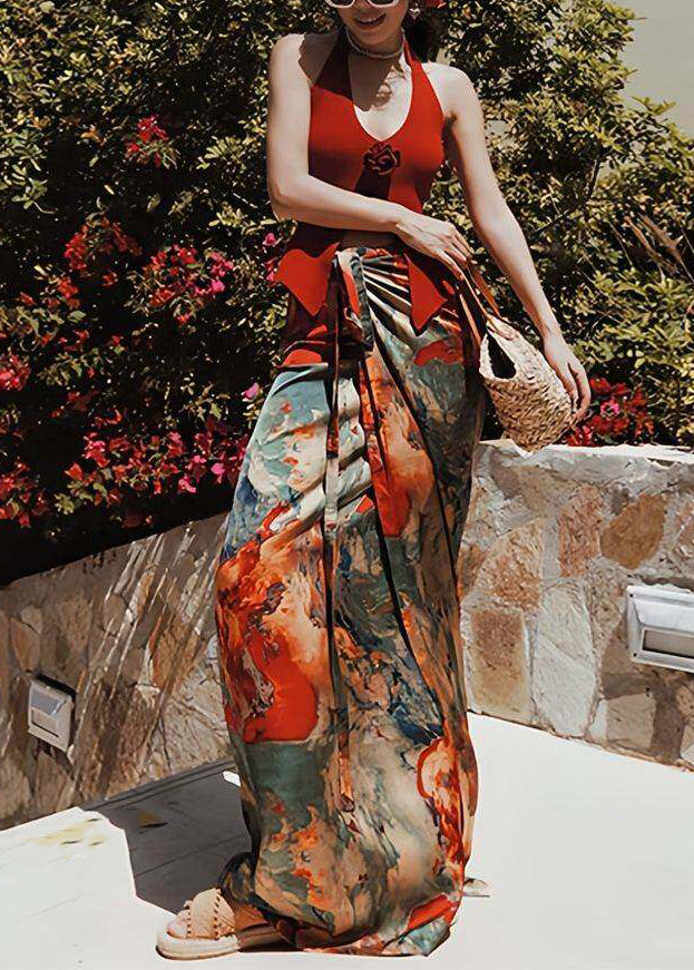 Beach Red Floral Vest And Maxi Skirts Two Pieces Set Summer