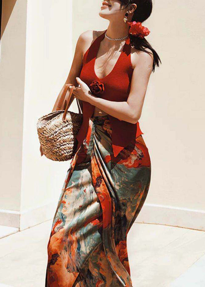 Beach Red Floral Vest And Maxi Skirts Two Pieces Set Summer
