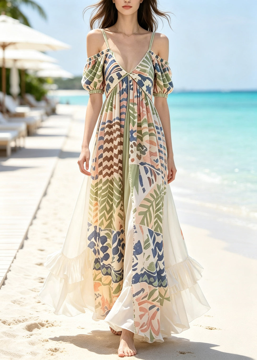 Beach V Neck Cold Shoulder Patchwork Holiday Maxi Dresses Summer