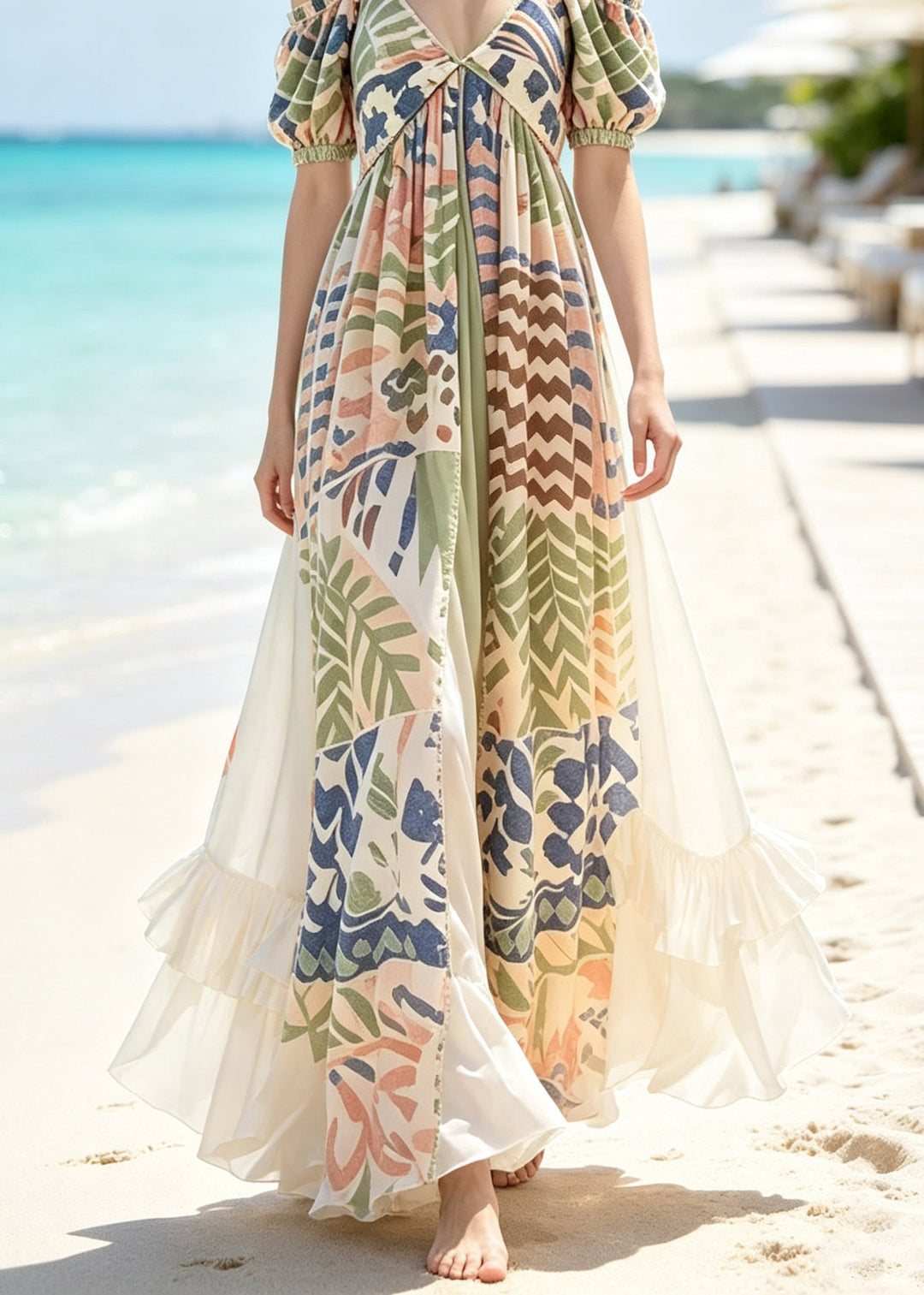 Beach V Neck Cold Shoulder Patchwork Holiday Maxi Dresses Summer