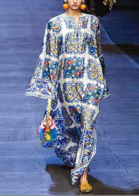 Beach V Neck Print Tie Waist Maxi Dress Fall