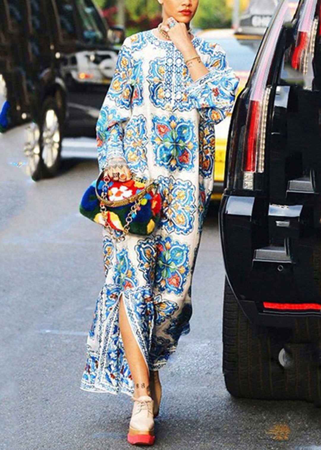 Beach V Neck Print Tie Waist Maxi Dress Fall