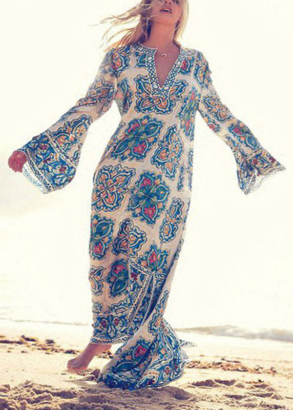 Beach V Neck Print Tie Waist Maxi Dress Fall