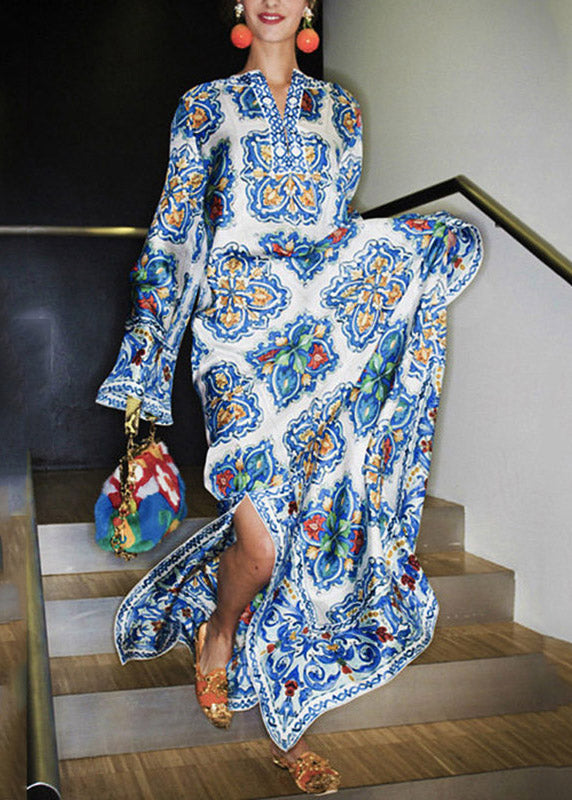 Beach V Neck Print Tie Waist Maxi Dress Fall