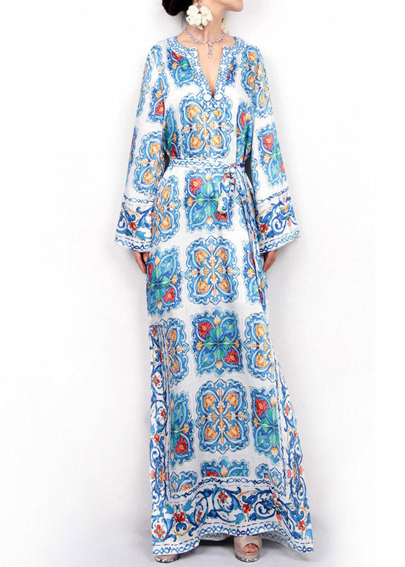 Beach V Neck Print Tie Waist Maxi Dress Fall