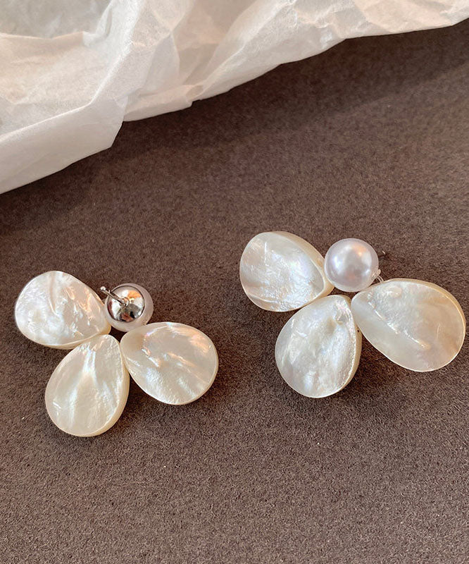 Beach White Alloy Floral Pearl Stud Earrings