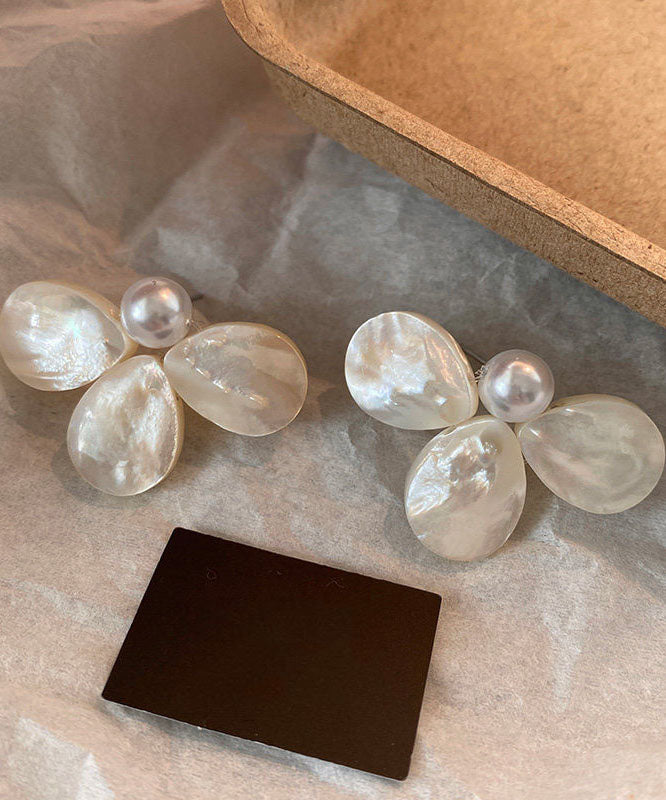 Beach White Alloy Floral Pearl Stud Earrings