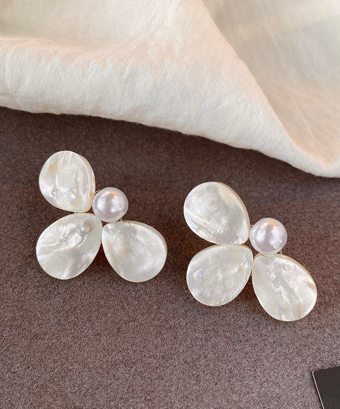 Beach White Alloy Floral Pearl Stud Earrings