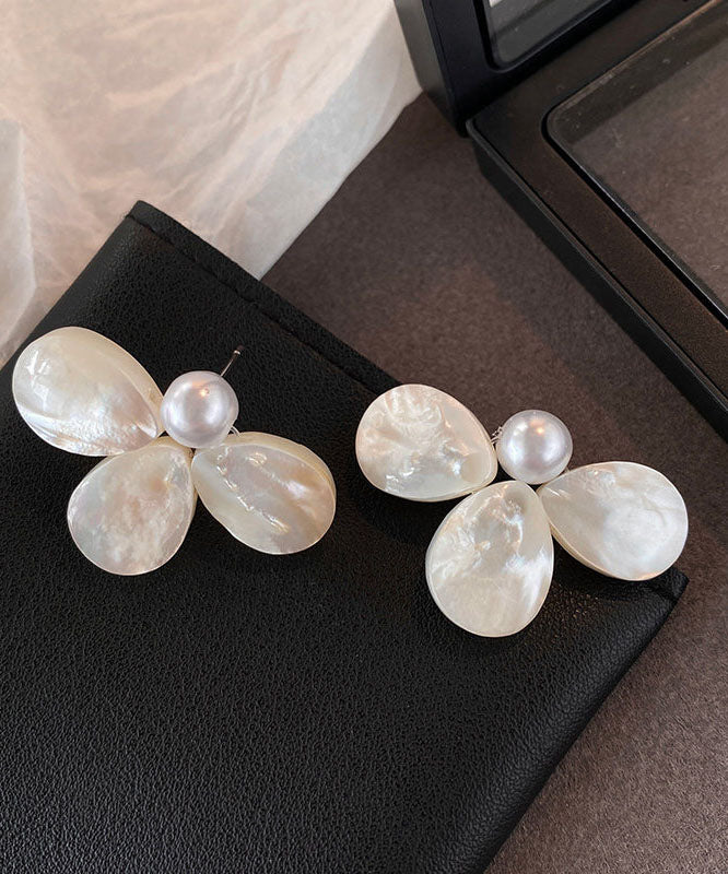 Beach White Alloy Floral Pearl Stud Earrings