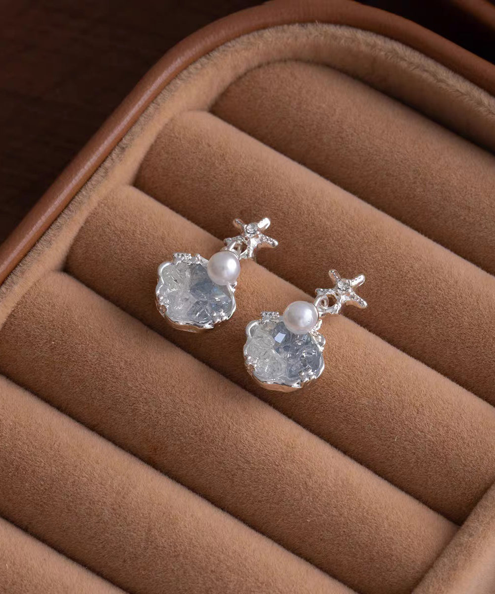 Beach White Alloy Zircon Pearl Shell Drop Earrings