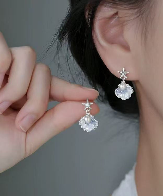 Beach White Alloy Zircon Pearl Shell Drop Earrings