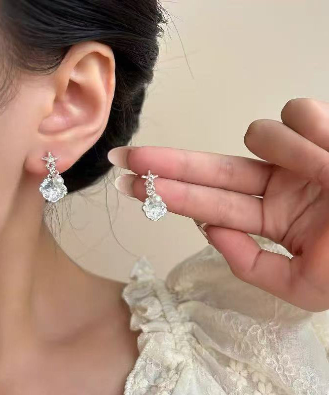 Beach White Alloy Zircon Pearl Shell Drop Earrings