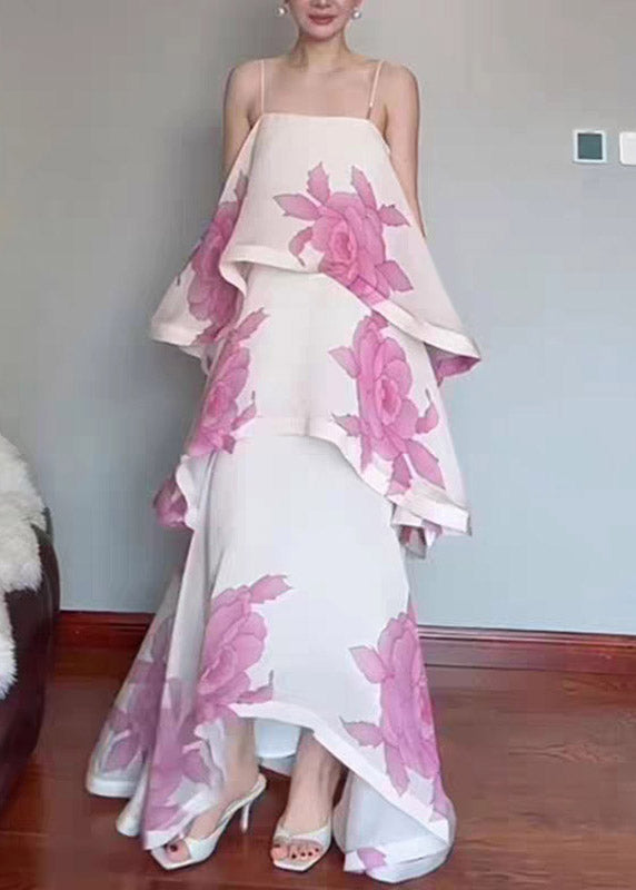 Beach White Print Maxi Spaghetti Strap Dress Summer