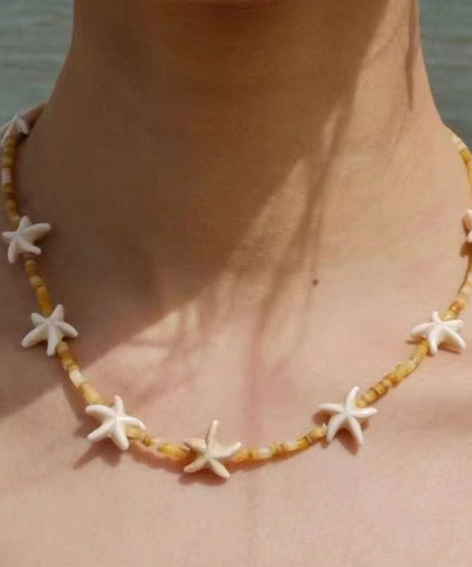 Beach Yellow Alloy Starfish Shell Beading Necklace - Omychic
