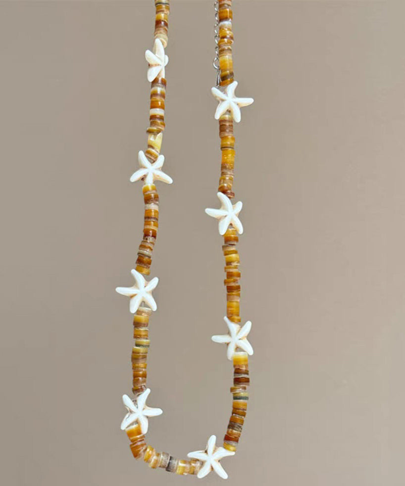Beach Yellow Alloy Starfish Shell Beading Necklace - Omychic