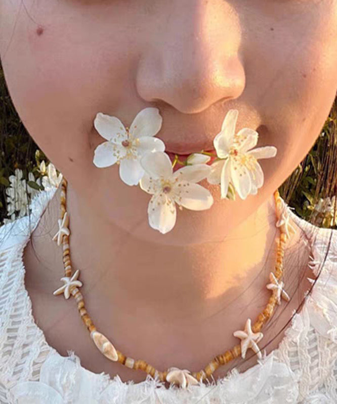 Beach Yellow Alloy Starfish Shell Beading Necklace - Omychic
