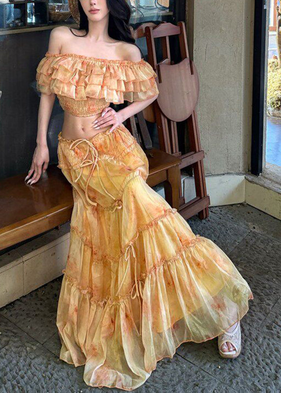 Beach Yellow Cold Shoulder Ruffled Top And Maxi Skirts Two Pieces Set Short Sleeve