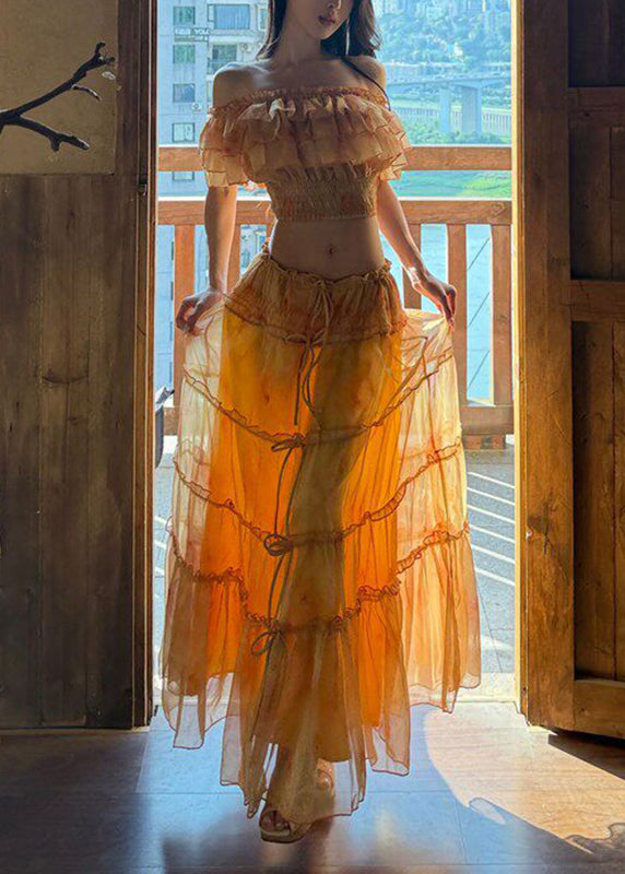 Beach Yellow Cold Shoulder Ruffled Top And Maxi Skirts Two Pieces Set Short Sleeve