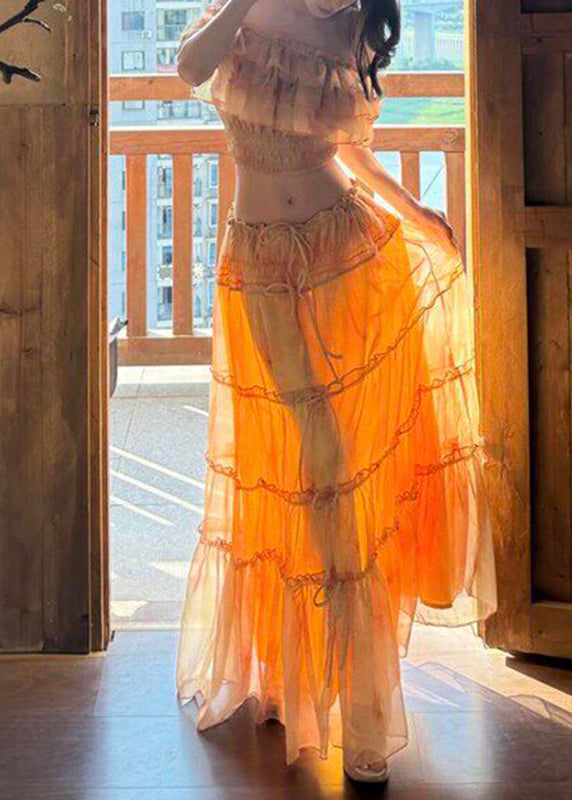 Beach Yellow Cold Shoulder Ruffled Top And Maxi Skirts Two Pieces Set Short Sleeve