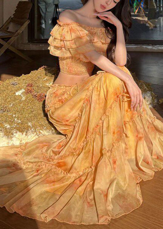 Beach Yellow Cold Shoulder Ruffled Top And Maxi Skirts Two Pieces Set Short Sleeve