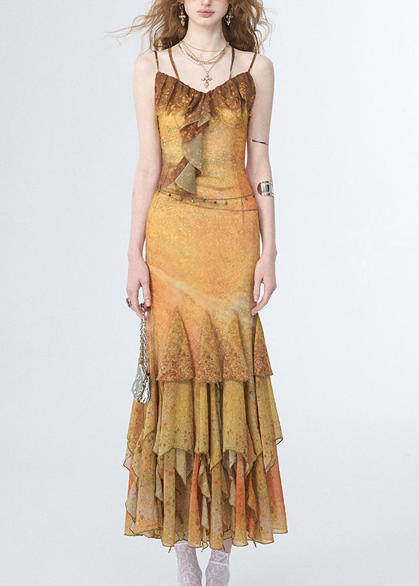 Beach Yellow Patchwork Maxi Spaghetti Strap Dresses Sleeveless