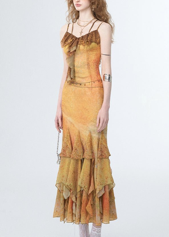 Beach Yellow Patchwork Maxi Spaghetti Strap Dresses Sleeveless