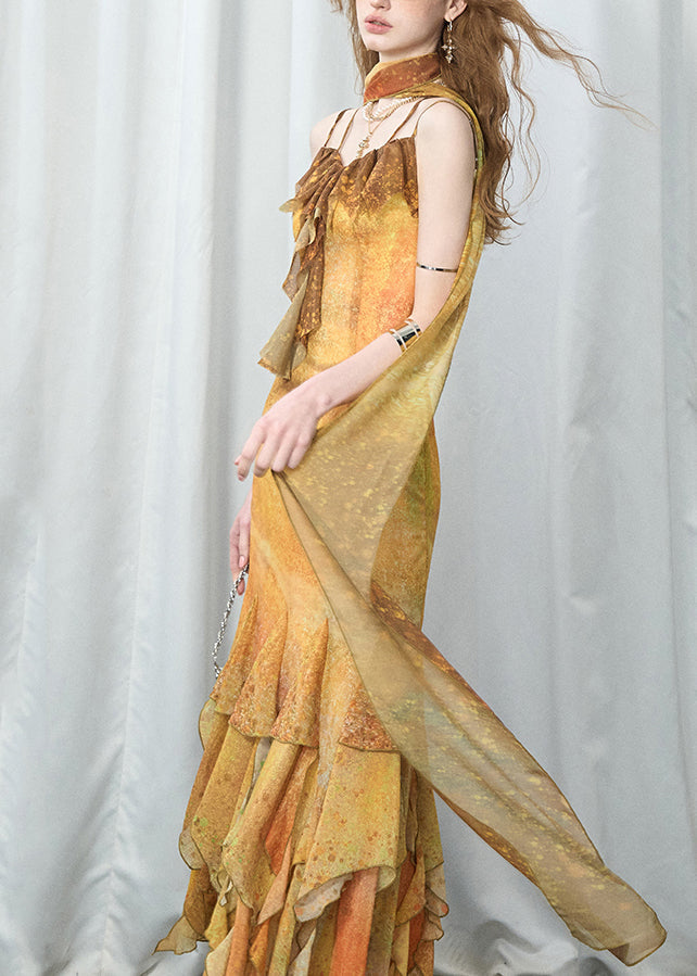 Beach Yellow Patchwork Maxi Spaghetti Strap Dresses Sleeveless