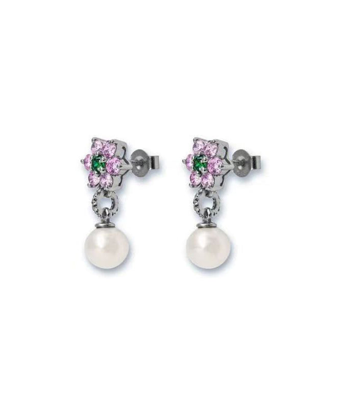Beautifu Pink Alloy Zircon Pearl Cherry Blossom Drop Earrings