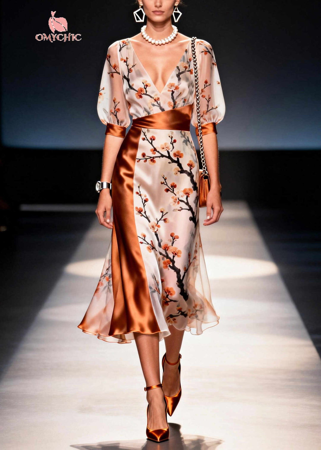 Beautiful Apricot Asymmetrical Patchwork Print Chiffon Dress Summer