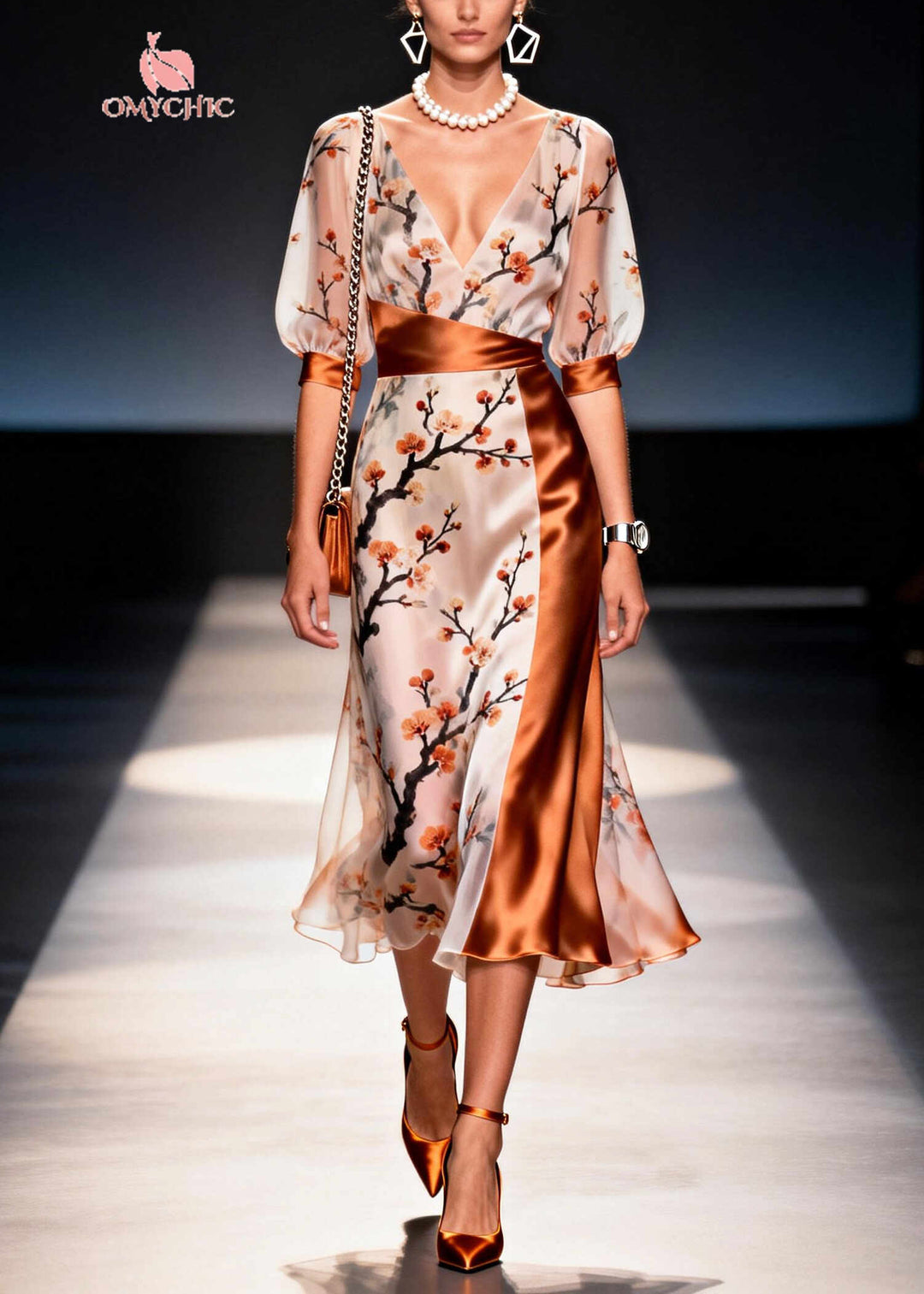 Beautiful Apricot Asymmetrical Patchwork Print Chiffon Dress Summer