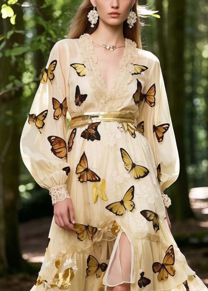 Beautiful Apricot Butterfly Print Exra Large Hem Chiffon Party Dress Spring