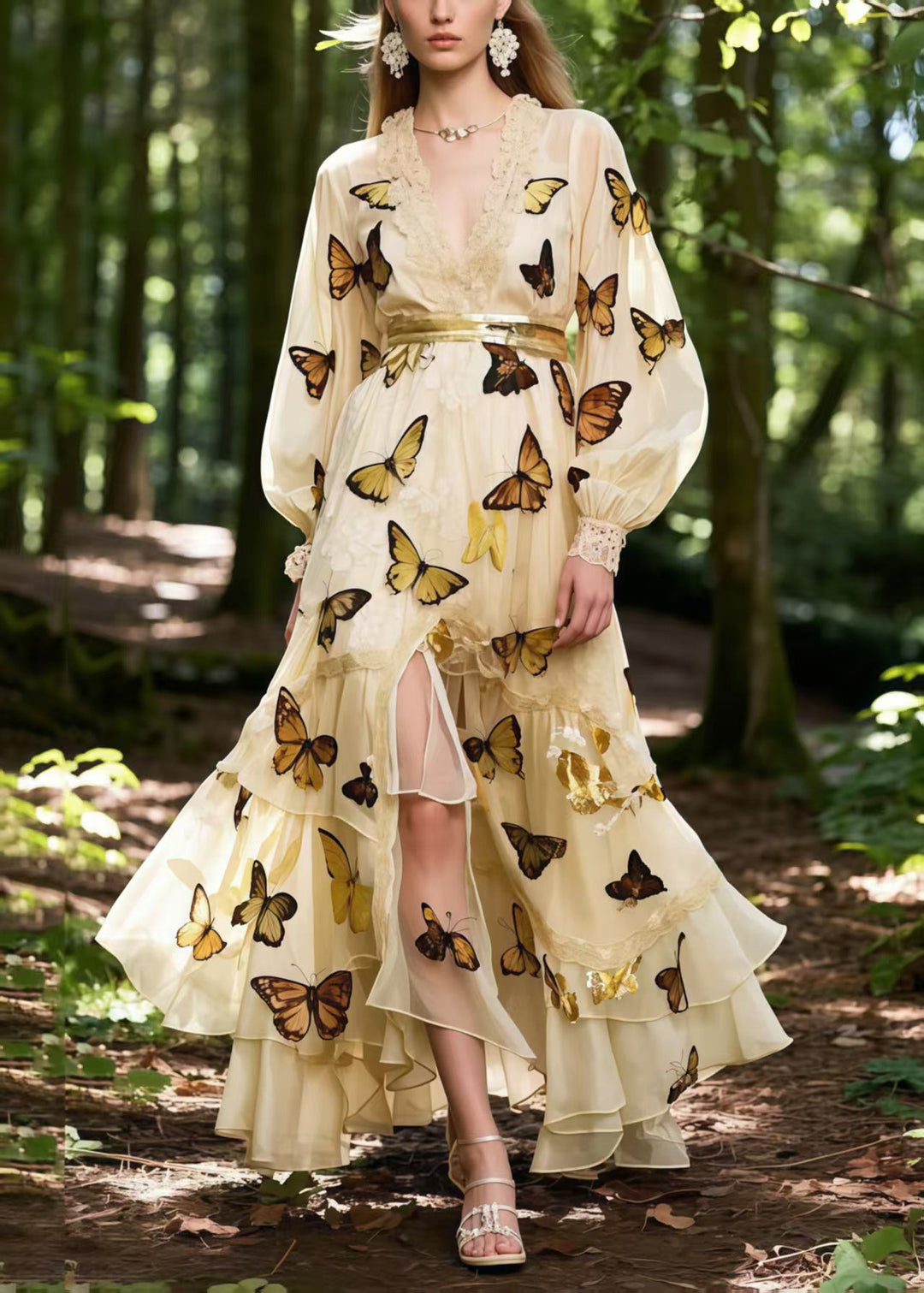 Beautiful Apricot Butterfly Print Exra Large Hem Chiffon Party Dress Spring