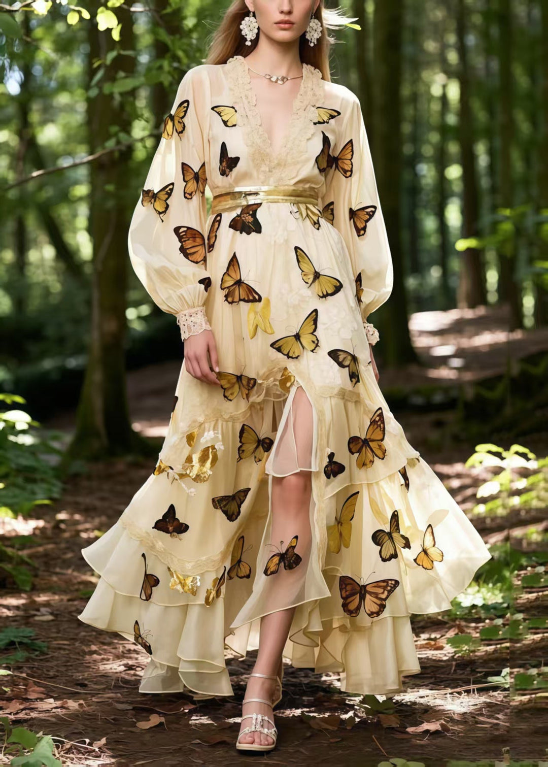 Beautiful Apricot Butterfly Print Exra Large Hem Chiffon Party Dress Spring