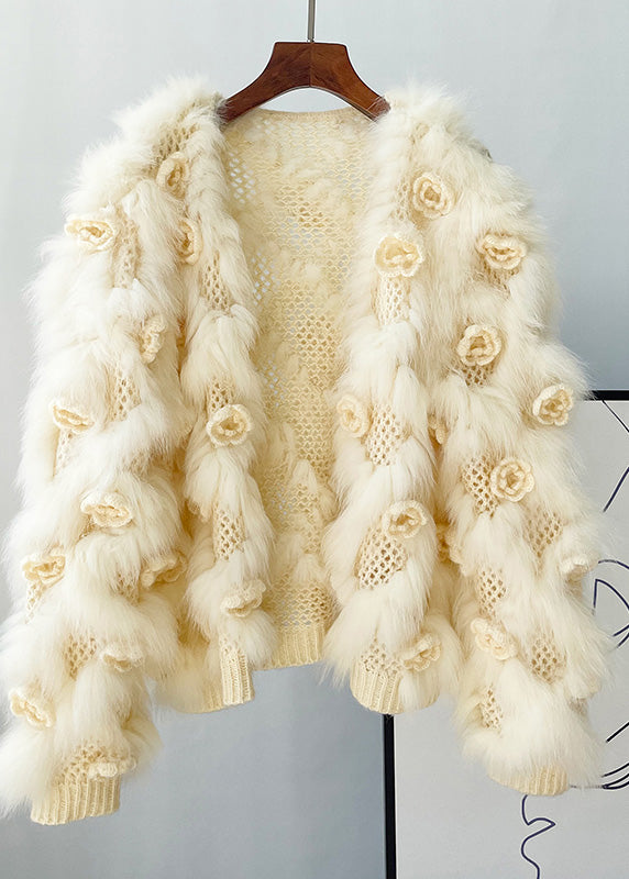Beautiful Apricot Floral Mink Hair Knitted Coats Lantern Sleeve
