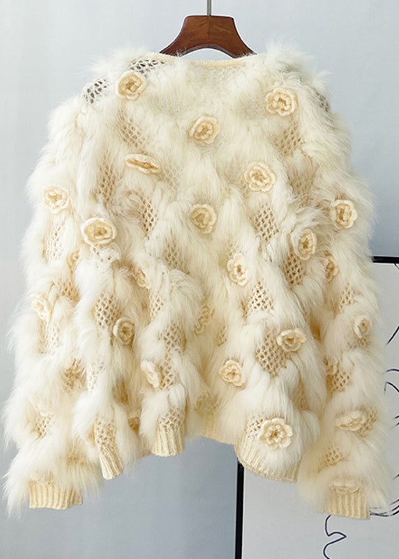 Beautiful Apricot Floral Mink Hair Knitted Coats Lantern Sleeve