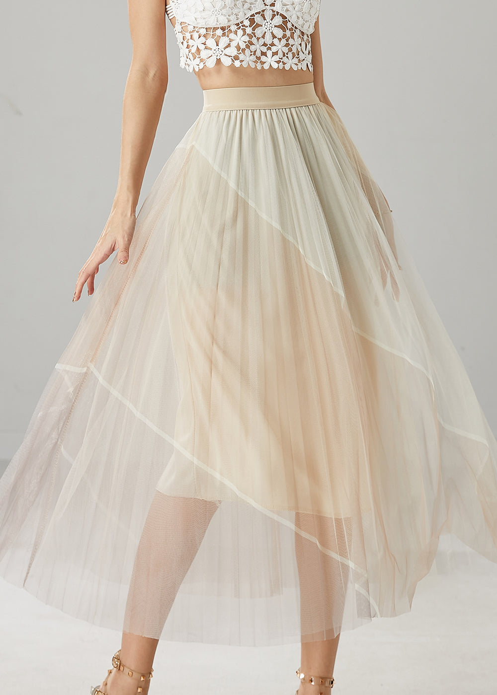 Beautiful Apricot High Waist Patchwork Tulle Skirts Summer