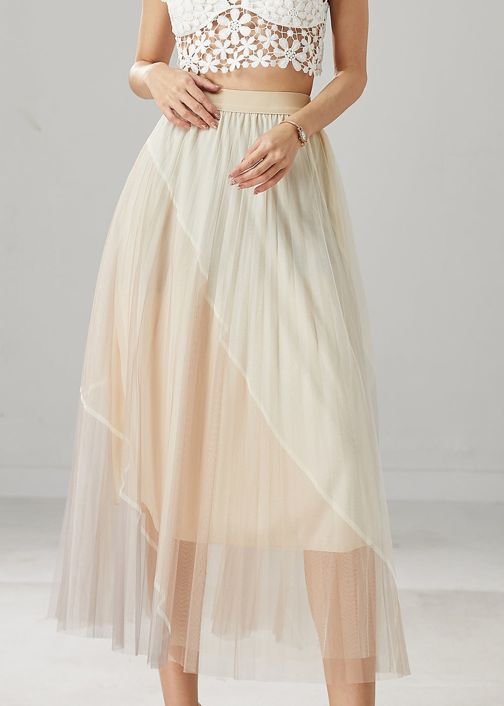 Beautiful Apricot High Waist Patchwork Tulle Skirts Summer