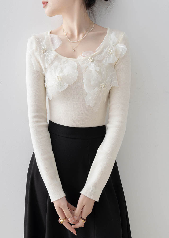 Beautiful Apricot O Neck Floral Nail Bead Knit Top Spring