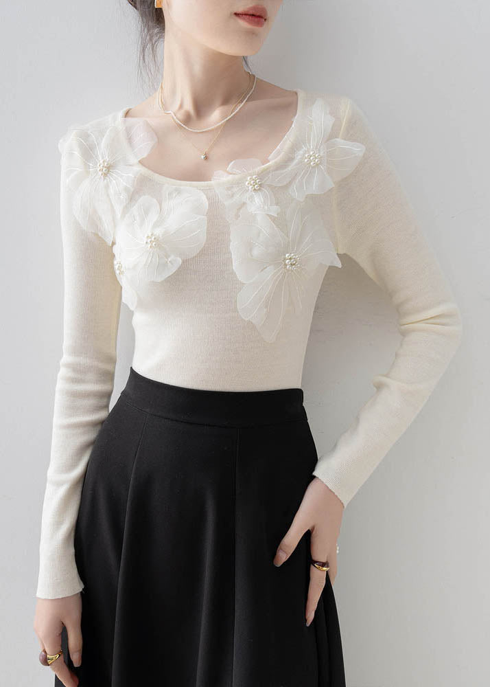 Beautiful Apricot O Neck Floral Nail Bead Knit Top Spring