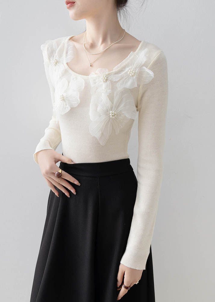 Beautiful Apricot O Neck Floral Nail Bead Knit Top Spring