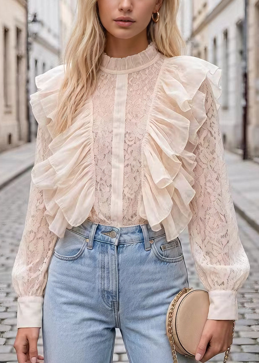 Beautiful Apricot Ruffled Patchwork Lace Tops Long Sleeve