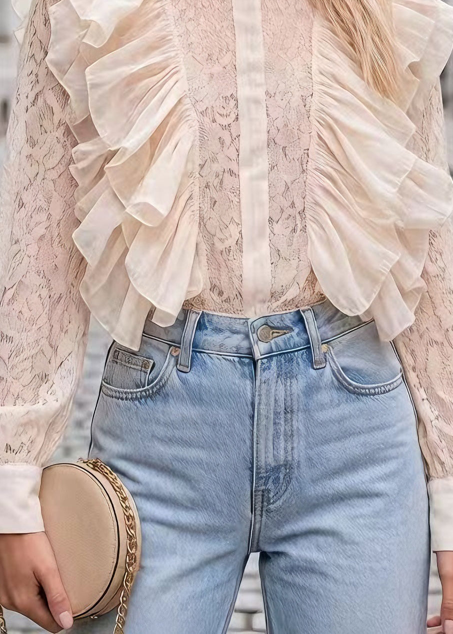 Beautiful Apricot Ruffled Patchwork Lace Tops Long Sleeve