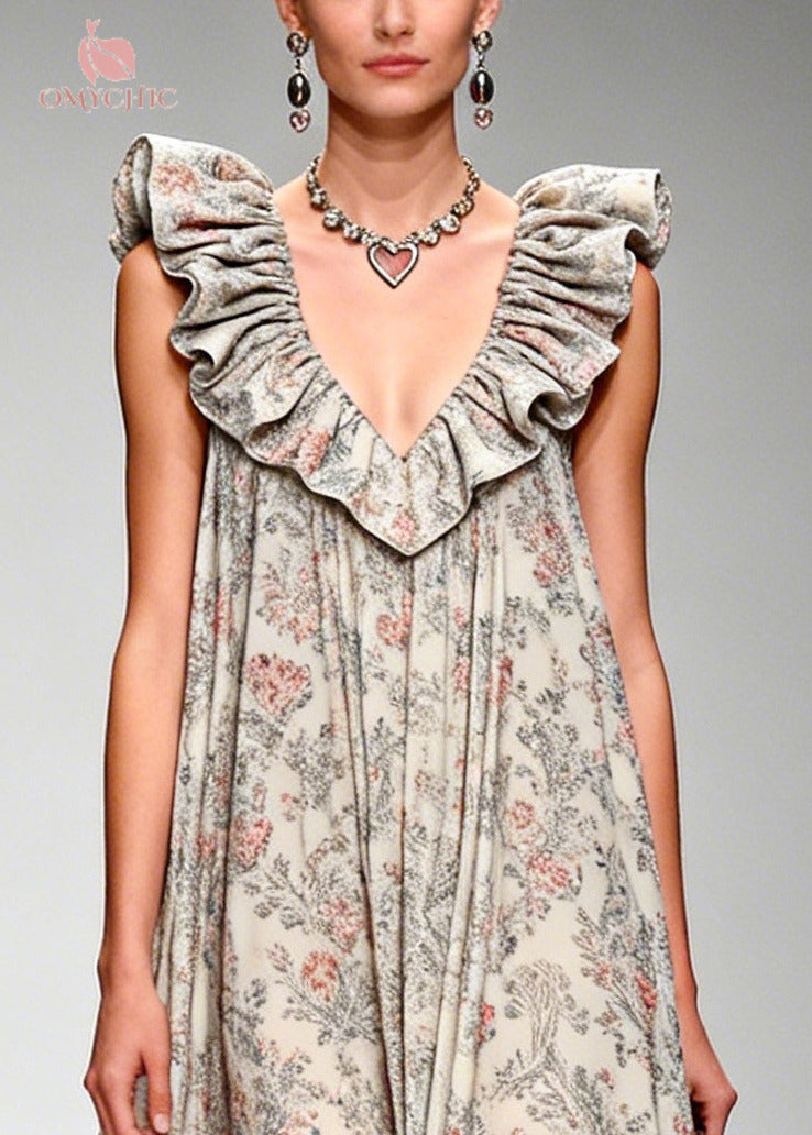 Beautiful Apricot Ruffled Print Chiffon Maxi Dresses Sleeveless