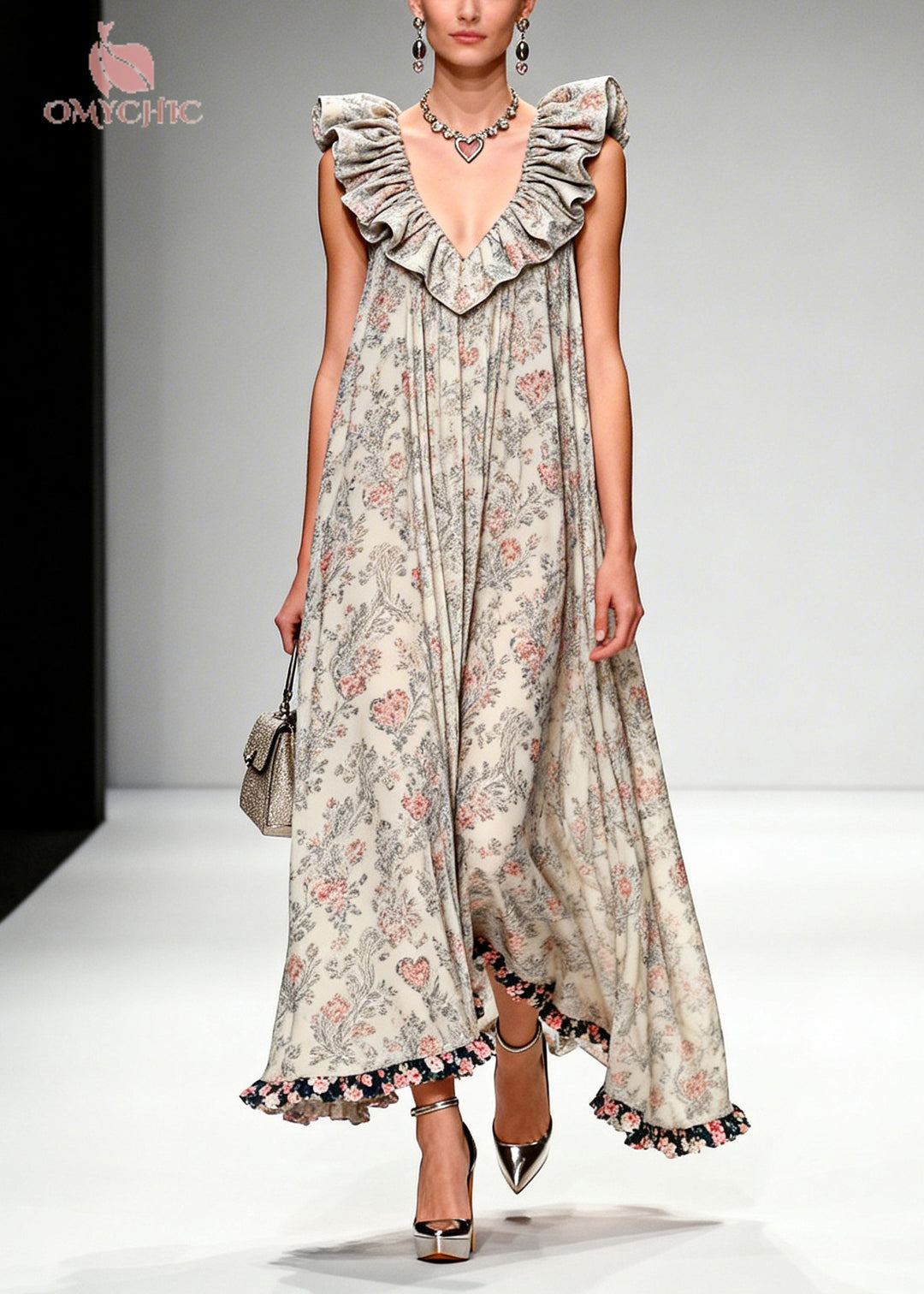 Beautiful Apricot Ruffled Print Chiffon Maxi Dresses Sleeveless