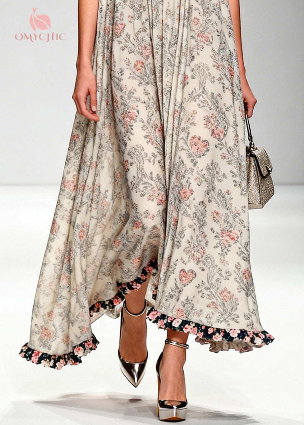 Beautiful Apricot Ruffled Print Chiffon Maxi Dresses Sleeveless