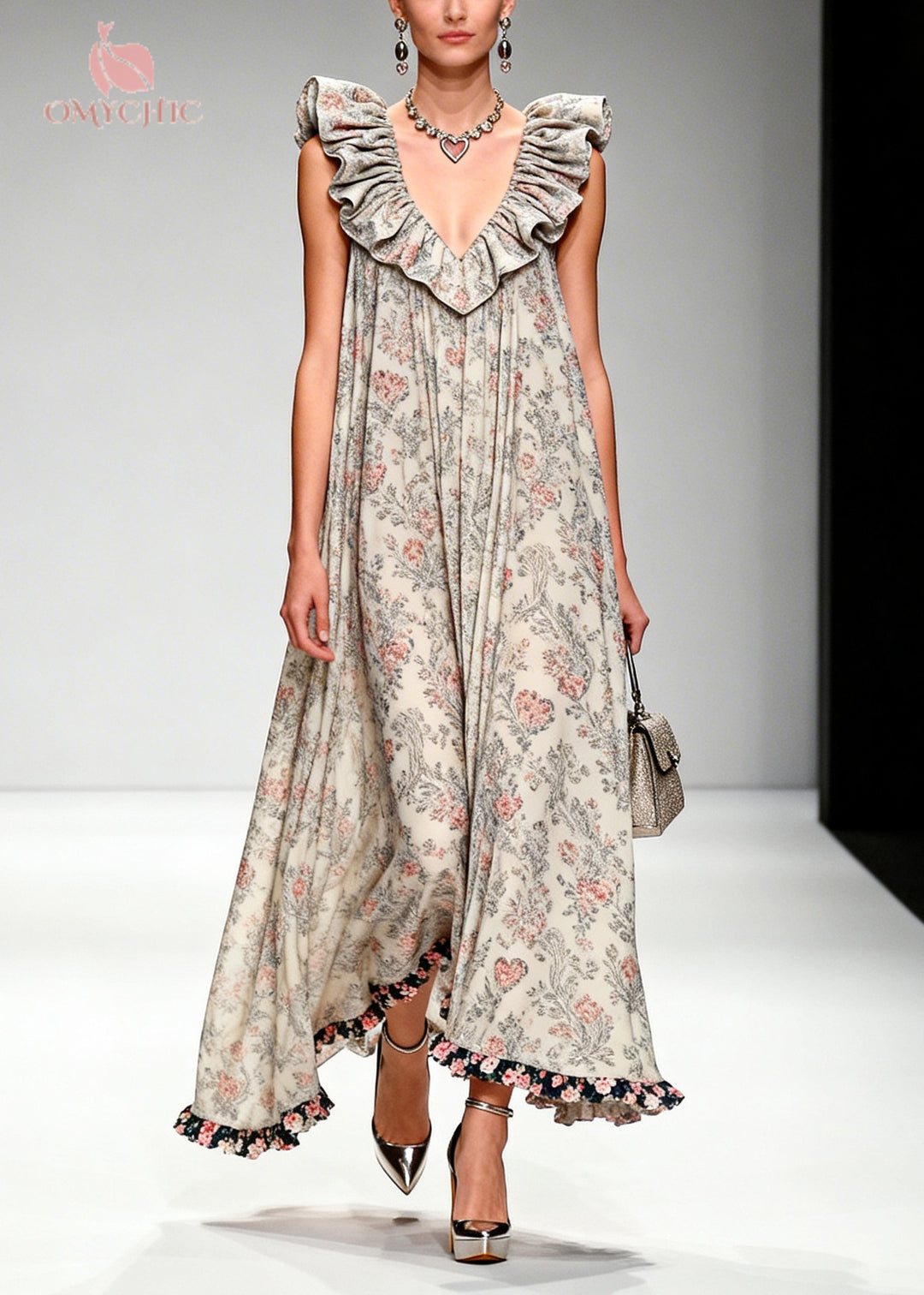 Beautiful Apricot Ruffled Print Chiffon Maxi Dresses Sleeveless