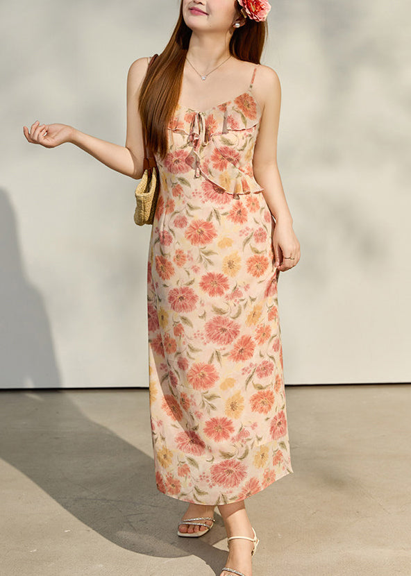 Beautiful Apricot Ruffles Print Chiffon Holiday Dresses Summer