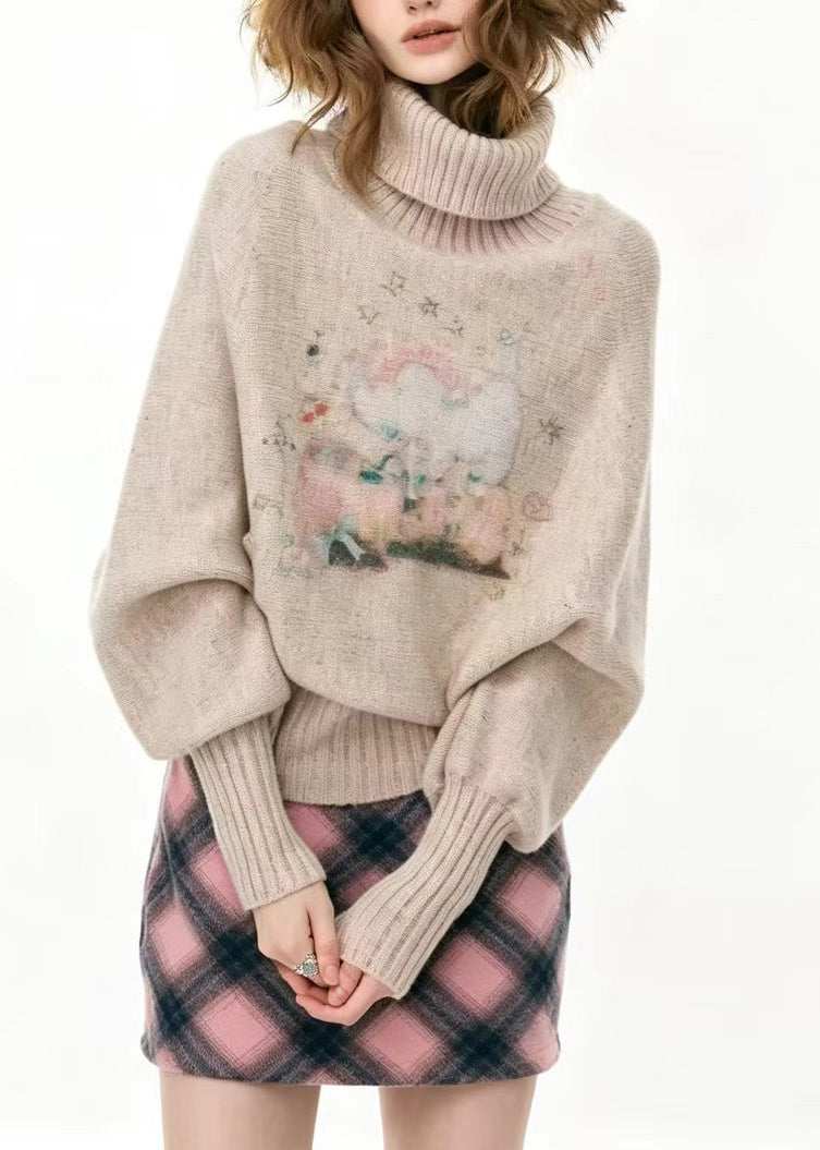 Beautiful Apricot Turtleneck Print Cotton Knit Sweaters Batwing Sleeve