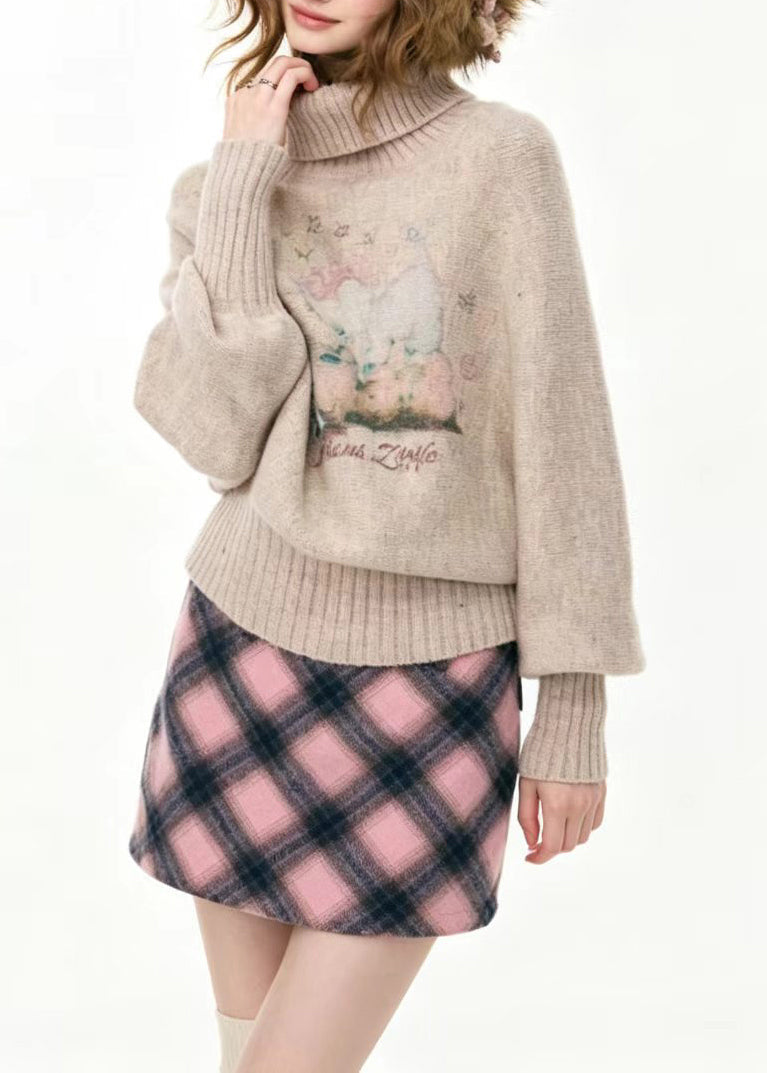 Beautiful Apricot Turtleneck Print Cotton Knit Sweaters Batwing Sleeve